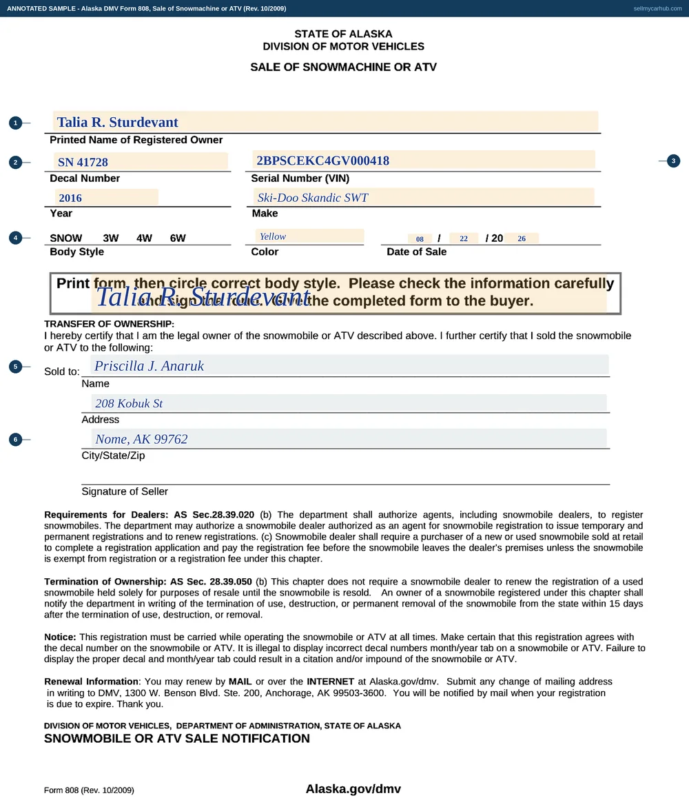 A completed Alaska DMV Form 808, Sale of Snowmachine or ATV. The registered owner is Talia R. Sturdevant, the decal number is SN 41728 and the serial number is 2BPSCEKC4GV000418, for a 2016 Ski-Doo Skandic SWT in yellow, sold on 08/22/2026. The Sold to lines name Priscilla J. Anaruk of 208 Kobuk St, Nome, AK 99762, over the seller's signature.