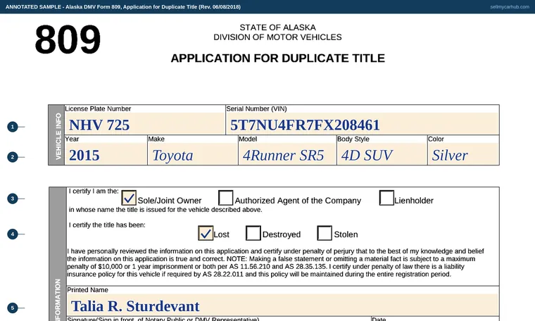 Top of our filled-in example of Alaska Form 809, Application for Duplicate Title