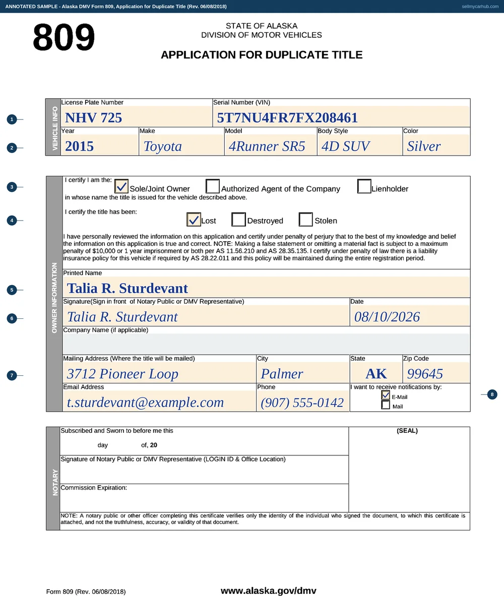 A completed Alaska DMV Form 809, Application for Duplicate Title. The vehicle block shows plate NHV 725, serial number 5T7NU4FR7FX208461, year 2015, make Toyota, model 4Runner SR5, body style 4D SUV, colour Silver. Sole/Joint Owner is ticked in the first certification row and Lost is ticked in the second. The printed name and signature are Talia R. Sturdevant, dated 08/10/2026, with a mailing address of 3712 Pioneer Loop, Palmer, AK 99645, an email address and phone number, and the E-Mail notification box ticked. The notary block below is empty.