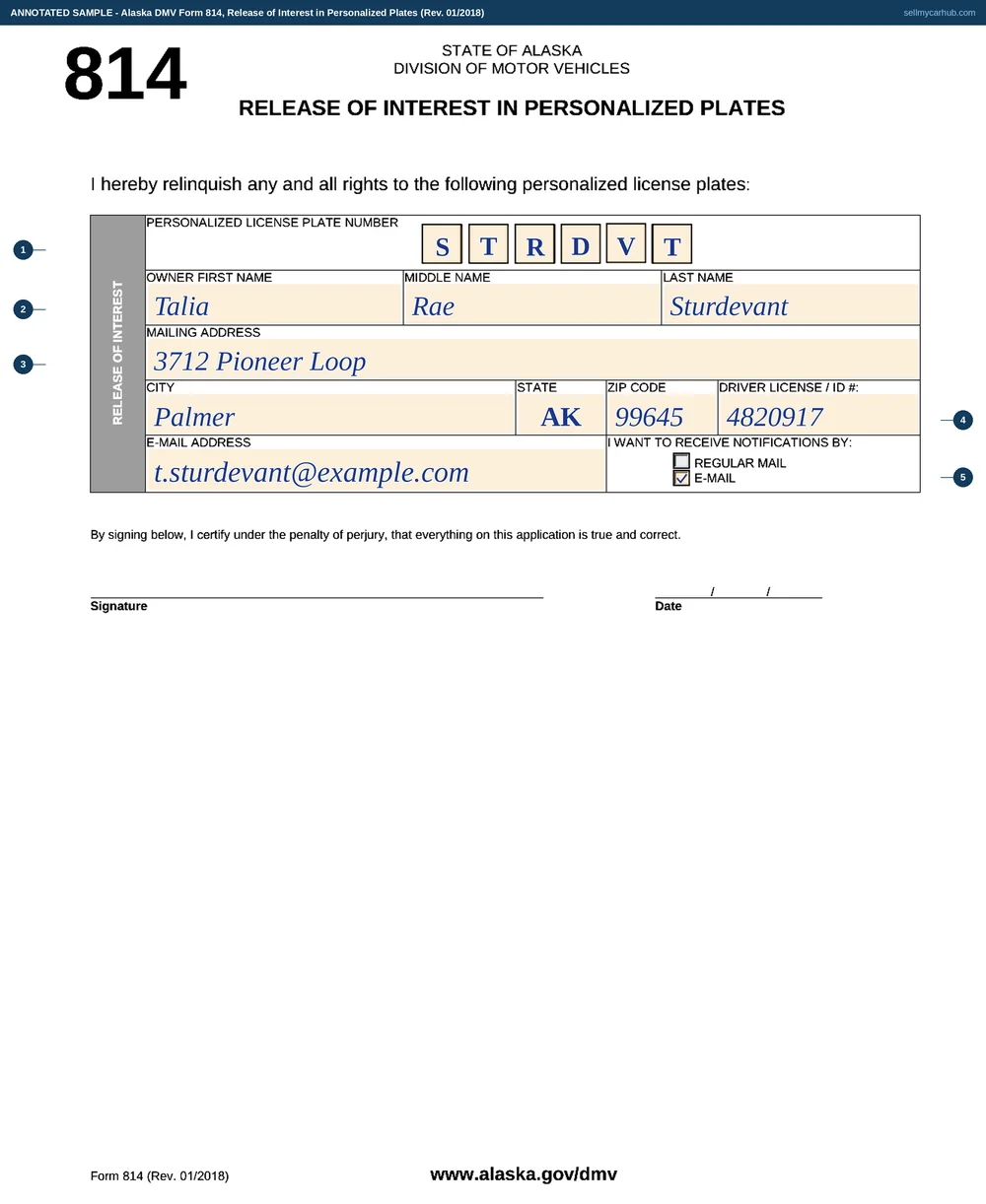 A completed Alaska DMV Form 814, Release of Interest in Personalized Plates. The plate character comb reads S T R D V T. The owner is Talia Rae Sturdevant of 3712 Pioneer Loop, Palmer, AK 99645, with an Alaska identification number and an email address, and the e-mail notification box is ticked. The signature and date rules under the perjury certification are left blank.