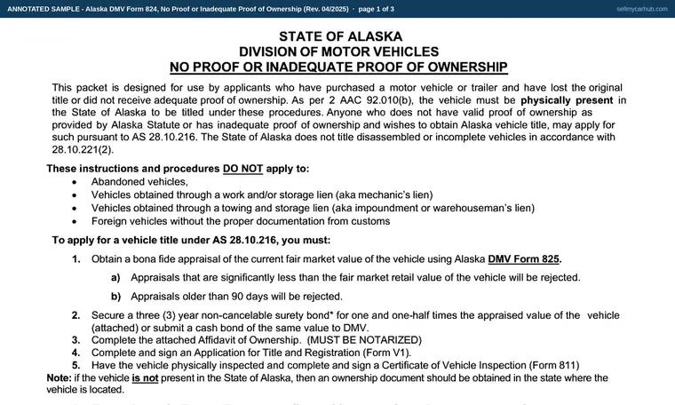 Top of page 1 of our filled-in example of Alaska Form 824, No Proof or Inadequate Proof of Ownership