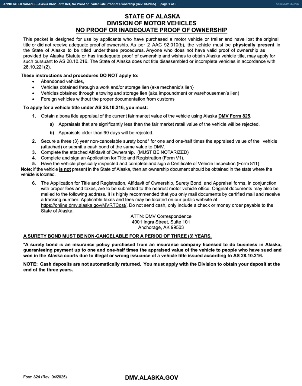 The three pages of a completed Alaska DMV Form 824 packet. Page one is the Division's unmarked instruction sheet. Page two is the Vehicle Title Surety Bond, bond number APS-2026-40817, principal Talia R. Sturdevant, surety Aurora Pacific Surety Company, in the sum of 14,700.00 being one and one-half times the appraised value of a 1994 Toyota Land Cruiser, vehicle identification number 6B4TLD8H2RK105372, executed by the surety's attorney-in-fact and by the principal. Page three is the Affidavit of Ownership in the same name and for the same vehicle, describing a cash purchase at an estate clear-out in Sutton in May 2026 from a seller with no title, two letters to the former owner returned undelivered, and the appraisal and inspection attached, signed and dated 09/04/2026 with the notary block left empty.