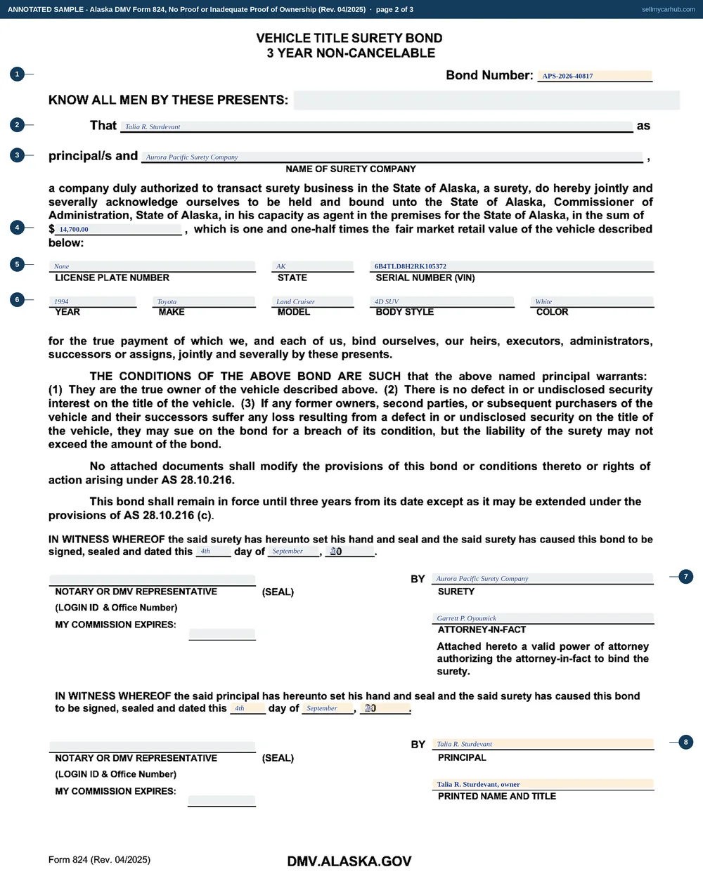 The three pages of a completed Alaska DMV Form 824 packet. Page one is the Division's unmarked instruction sheet. Page two is the Vehicle Title Surety Bond, bond number APS-2026-40817, principal Talia R. Sturdevant, surety Aurora Pacific Surety Company, in the sum of 14,700.00 being one and one-half times the appraised value of a 1994 Toyota Land Cruiser, vehicle identification number 6B4TLD8H2RK105372, executed by the surety's attorney-in-fact and by the principal. Page three is the Affidavit of Ownership in the same name and for the same vehicle, describing a cash purchase at an estate clear-out in Sutton in May 2026 from a seller with no title, two letters to the former owner returned undelivered, and the appraisal and inspection attached, signed and dated 09/04/2026 with the notary block left empty.