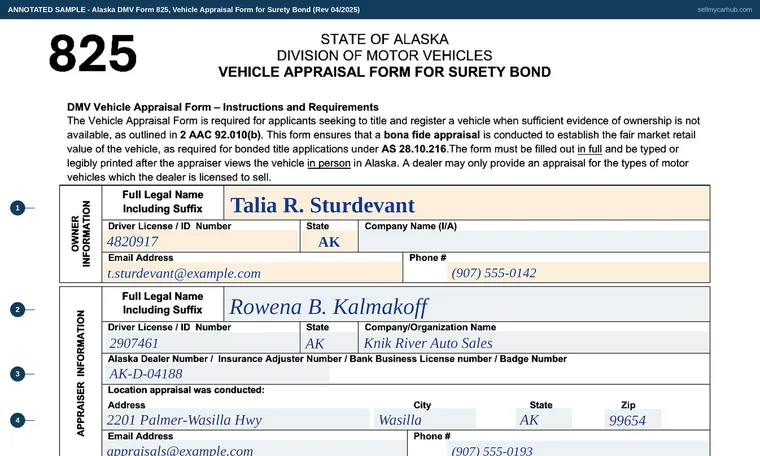 Top of our filled-in example of Alaska Form 825, Vehicle Appraisal Form for Surety Bond