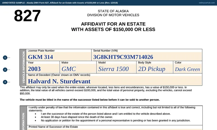 Top of our filled-in example of Alaska Form 827, Affidavit for an Estate with Assets of $150,000 or Less