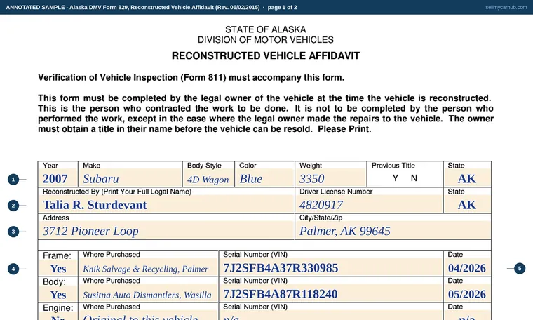 Top of page 1 of our filled-in example of Alaska Form 829, Reconstructed Vehicle Affidavit