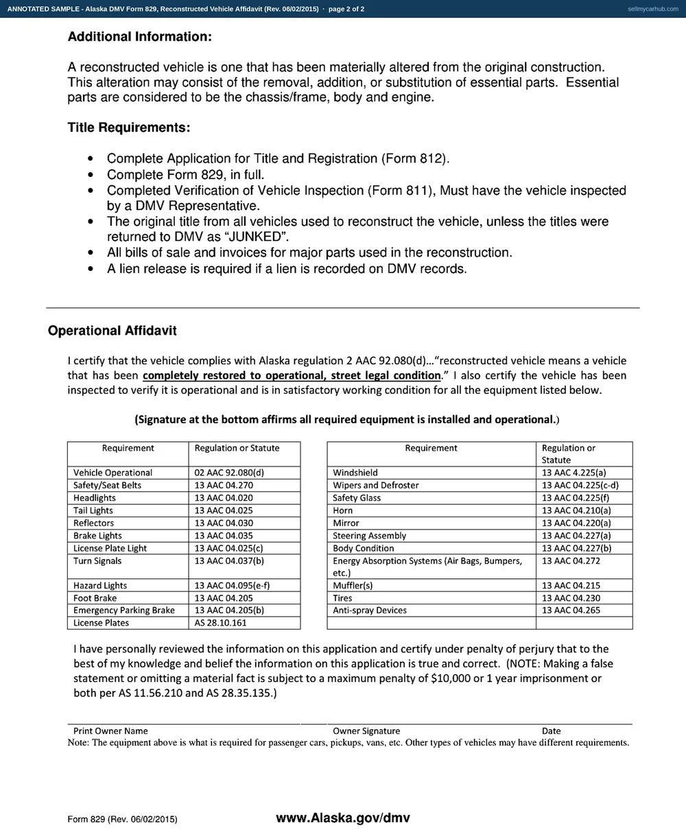 A completed Alaska DMV Form 829, Reconstructed Vehicle Affidavit, page one. The vehicle is a 2007 Subaru, 4D Wagon, blue, weight 3350, with a previous title in Alaska. The person who contracted the work is Talia R. Sturdevant of 3712 Pioneer Loop, Palmer, AK 99645, with an Alaska driver licence number. The frame row records Yes, purchased from Knik Salvage and Recycling in Palmer, serial number 7J2SFB4A37R330985, dated 04/2026. The body row records Yes, purchased from Susitna Auto Dismantlers in Wasilla, serial number 7J2SFB4A87R118240, dated 05/2026. The engine row records No, original to this vehicle. The sworn statement is completed in the same name and the notary block is empty.