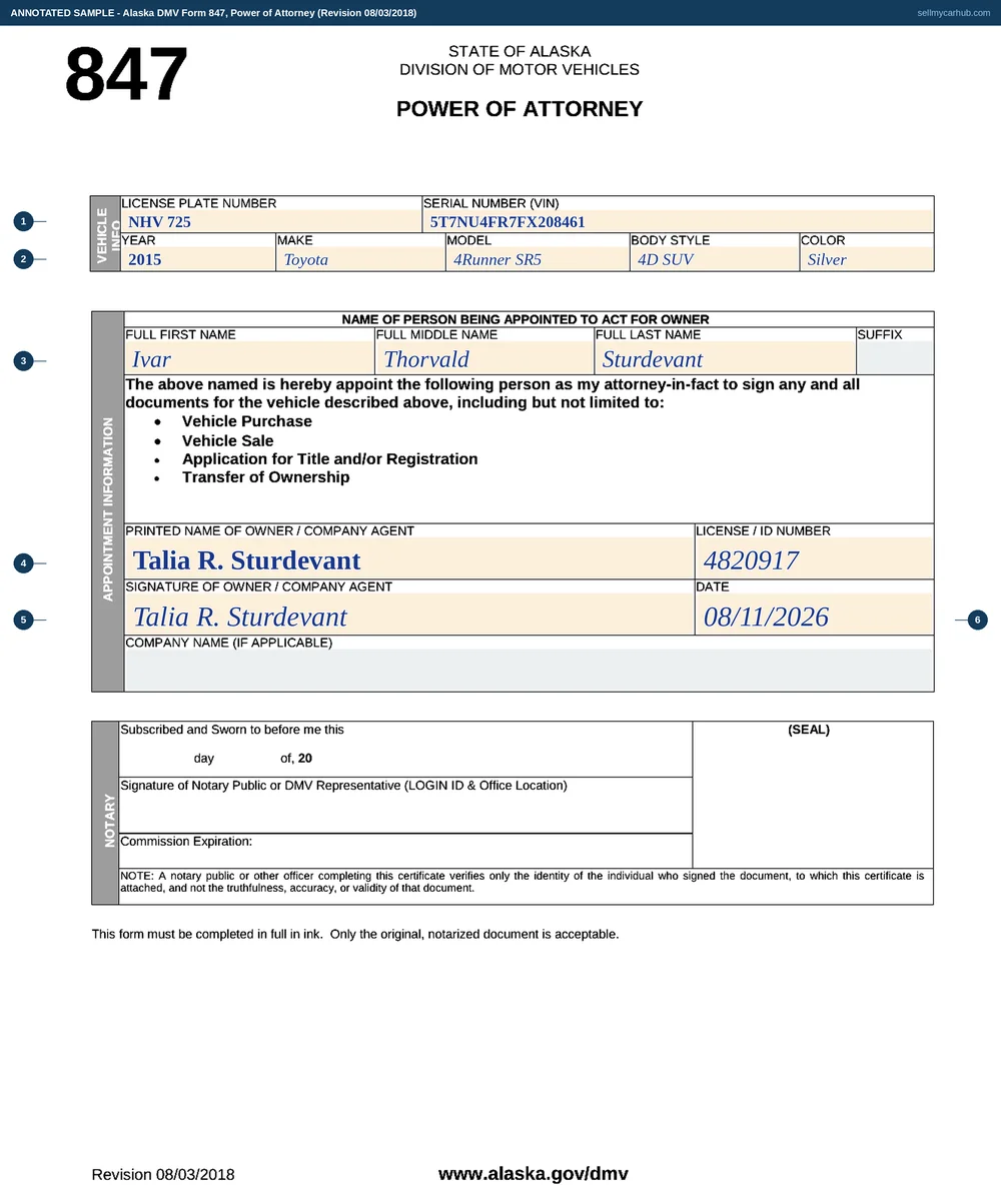 A completed Alaska DMV Form 847, Power of Attorney. The vehicle block carries plate NHV 725, serial number 5T7NU4FR7FX208461, year 2015, make Toyota, model 4Runner SR5, body style 4D SUV, colour Silver. The person being appointed is Ivar Thorvald Sturdevant. The owner granting the power is Talia R. Sturdevant, with an Alaska licence number, signed and dated 08/11/2026. The notary block below is empty.