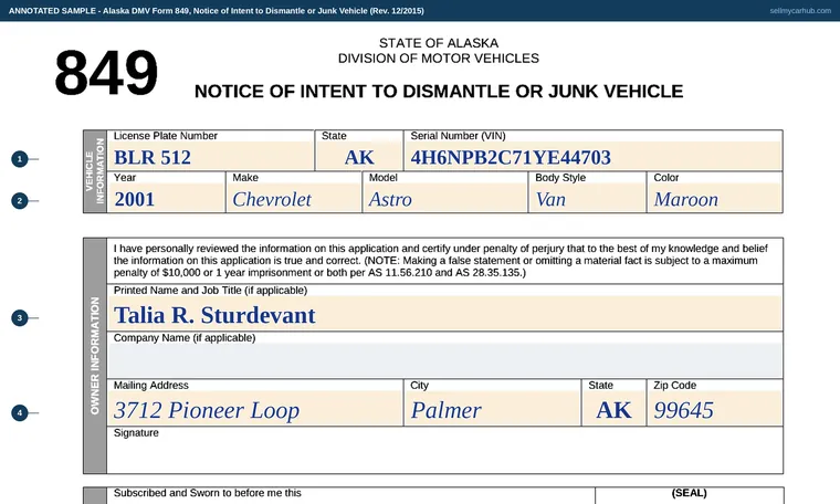 Top of our filled-in example of Alaska Form 849, Notice of Intent to Dismantle or Junk Vehicle