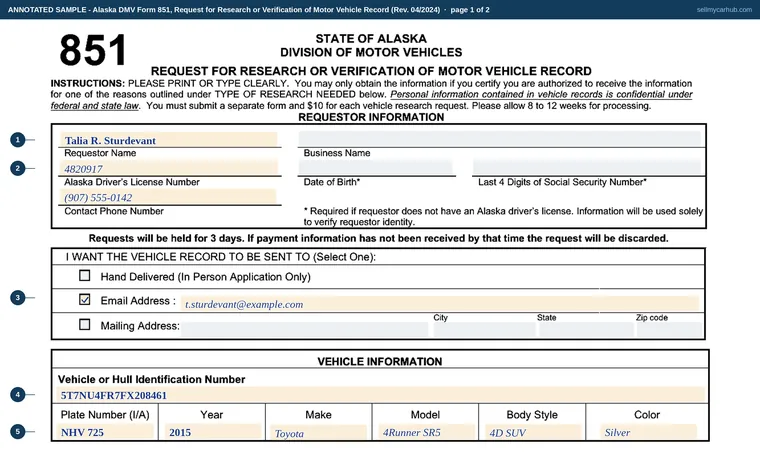 Top of page 1 of our filled-in example of Alaska Form 851, Request for Research or Verification of Motor Vehicle Record