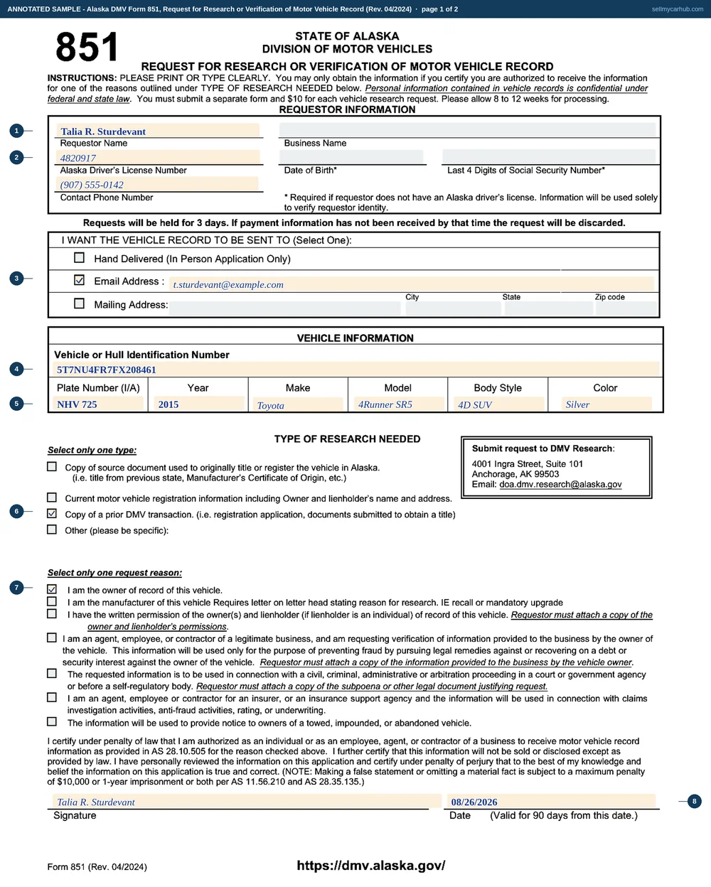 A completed Alaska DMV Form 851, Request for Research or Verification of Motor Vehicle Record, page one. The requestor is Talia R. Sturdevant with an Alaska driver licence number and telephone number, and the email delivery option is ticked with an address written beside it. The vehicle block carries identification number 5T7NU4FR7FX208461, plate NHV 725, a 2015 Toyota 4Runner SR5, 4D SUV, silver. Under type of research needed, current motor vehicle registration information including owner and lienholder name and address is ticked, and under request reason, I am the owner of record of this vehicle is ticked. The form is signed and dated 08/26/2026. The other delivery options, research types and reasons are shaded grey.