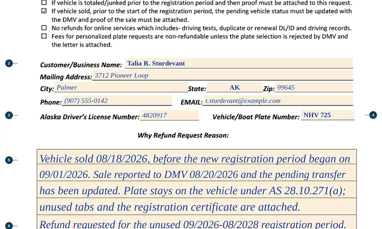 Part of our filled-in example of Alaska Form 853, DMV Refund Request, showing the filled-in entries