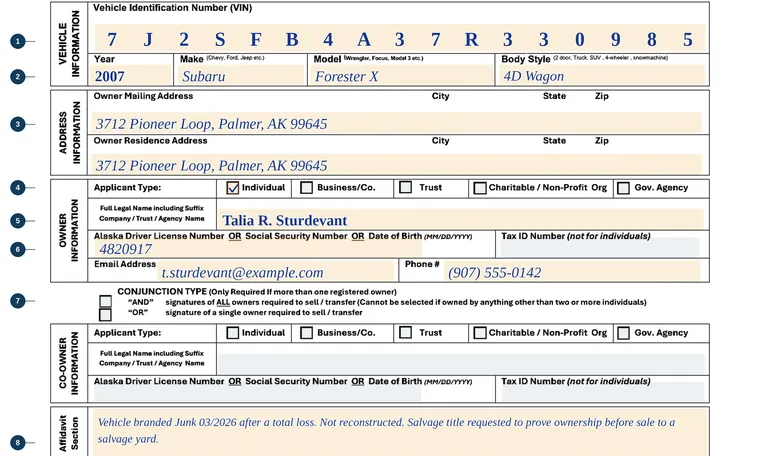 Part of our filled-in example of Alaska Form 857, Application For Salvage Vehicle Title, showing the filled-in entries
