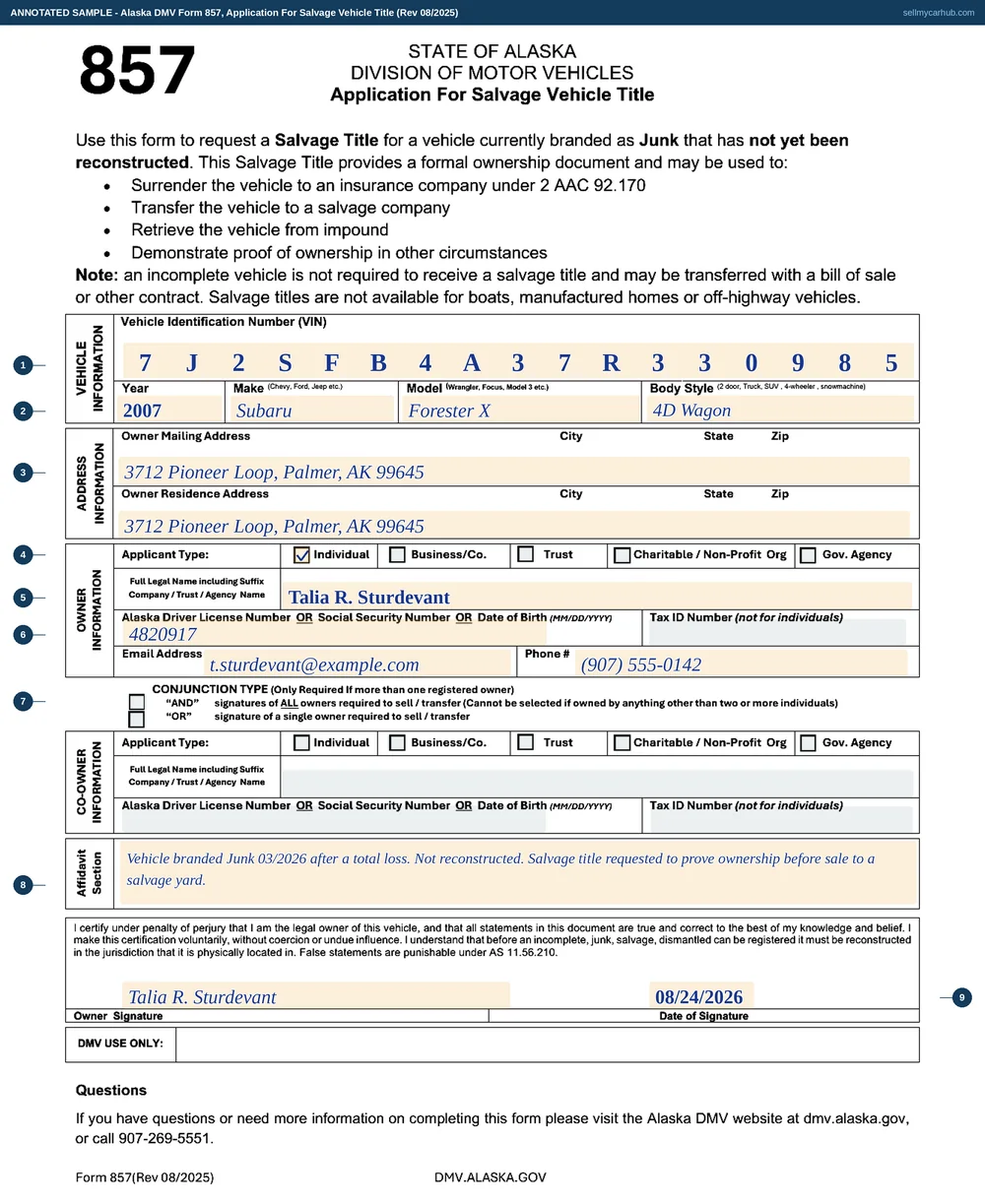 A completed Alaska DMV Form 857, Application For Salvage Vehicle Title. The vehicle identification comb reads 7J2SFB4A37R330985 for a 2007 Subaru Forester X, 4D Wagon. The owner's mailing and residence addresses are both 3712 Pioneer Loop, Palmer, AK 99645, applicant type Individual is ticked, and the owner block names Talia R. Sturdevant, carrying an Alaska driver licence number, an email address and a telephone number. The affidavit section records that the vehicle was branded Junk in March 2026 after a total loss, has not been reconstructed, and that a salvage title is requested to prove ownership before sale to a salvage yard. The owner has signed and dated it 08/24/2026. The conjunction ticks and the co-owner block are shaded grey.