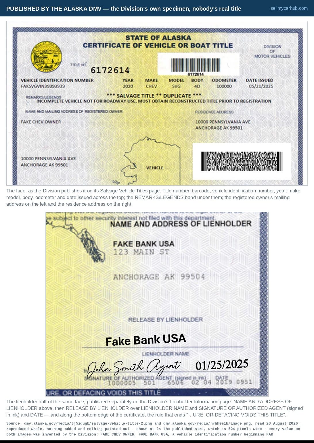 Two images the Alaska DMV publishes of the front of a Certificate of Vehicle or Boat Title, one above the other. The first is the whole face: title number 6172614 with its barcode, vehicle identification number FAKSVGVIN39393939, year 2020, make CHEV, model SVG, body 4D, odometer 100000, date issued 05/21/2025, a remarks band reading SALVAGE TITLE DUPLICATE over an incomplete-vehicle warning, and the registered owner FAKE CHEV OWNER of 10000 Pennsylvania Ave, Anchorage. The second is a close crop of the lienholder area of the same face: NAME AND ADDRESS OF LIENHOLDER over FAKE BANK USA of 123 Main St, Anchorage, then RELEASE BY LIENHOLDER with the lender name written in, a signature reading John Smith Agent, the date 01/25/2025, and the certificate's bottom rule ending in the words OR DEFACING VOIDS THIS TITLE.