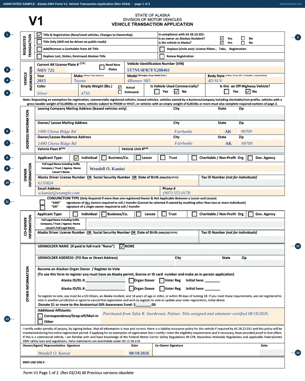 A completed Alaska DMV Form V1, Vehicle Transaction Application, page one. Title & Registration is ticked at the top left and both AS 28.10.201 questions are answered Yes. The vehicle block carries plate NHV 725, vehicle identification number 5T7NU4FR7FX208461, year 2015, make Toyota, model 4Runner SR5, body style 4D SUV, colour Silver and an empty weight of 4750 lbs marked Actual, with Used Commercially and Off-Highway Vehicle both answered No. The mailing and residence addresses both read 1490 Chena Ridge Rd, Fairbanks, AK 99709. Applicant type Individual is ticked, the owner is Wendell O. Kaniut with an Alaska driver licence number, and the lienholder block is marked NONE. The additional affidavits area records that the vehicle was purchased from Talia R. Sturdevant of Palmer with the title assigned and the odometer certified on 08/18/2026, and the certification is dated 08/18/2026. The conjunction ticks, the co-owner block, the organ donor and voter lines are shaded grey.
