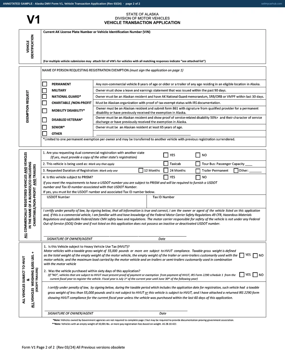 A completed Alaska DMV Form V1, Vehicle Transaction Application, page one. Title & Registration is ticked at the top left and both AS 28.10.201 questions are answered Yes. The vehicle block carries plate NHV 725, vehicle identification number 5T7NU4FR7FX208461, year 2015, make Toyota, model 4Runner SR5, body style 4D SUV, colour Silver and an empty weight of 4750 lbs marked Actual, with Used Commercially and Off-Highway Vehicle both answered No. The mailing and residence addresses both read 1490 Chena Ridge Rd, Fairbanks, AK 99709. Applicant type Individual is ticked, the owner is Wendell O. Kaniut with an Alaska driver licence number, and the lienholder block is marked NONE. The additional affidavits area records that the vehicle was purchased from Talia R. Sturdevant of Palmer with the title assigned and the odometer certified on 08/18/2026, and the certification is dated 08/18/2026. The conjunction ticks, the co-owner block, the organ donor and voter lines are shaded grey.