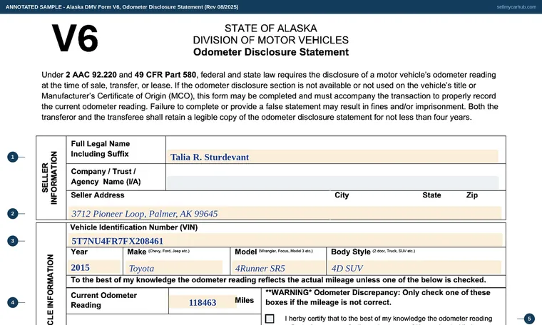 Top of our filled-in example of Alaska Form V6, Odometer Disclosure Statement