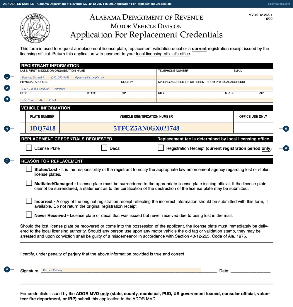 The Alabama MV 40-12-265-1 Application for Replacement Credentials filled in: registrant Darnell R. Pettway of Trussville in Jefferson County, a plate number and the vehicle identification number of a 2016 Toyota Tacoma, and a signature at the foot.
