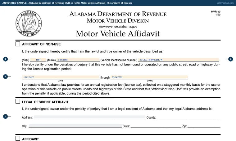 Top of our filled-in example of Alabama MVR-10, Motor Vehicle Affidavit