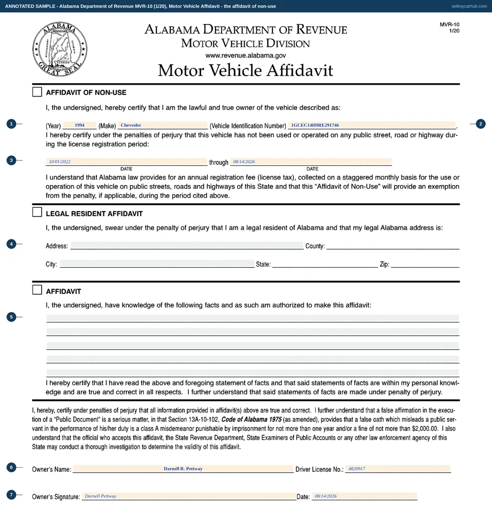The Alabama MVR-10 Motor Vehicle Affidavit with the affidavit of non-use completed: a 2016 Toyota Tacoma with its vehicle identification number, a non-use period from one date through another, and the owner Darnell R. Pettway signed and dated at the foot.