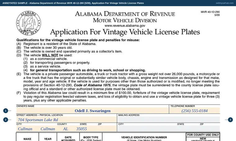 Top of our filled-in example of Alabama MVR 40-12-290, Application For Vintage Vehicle License Plates