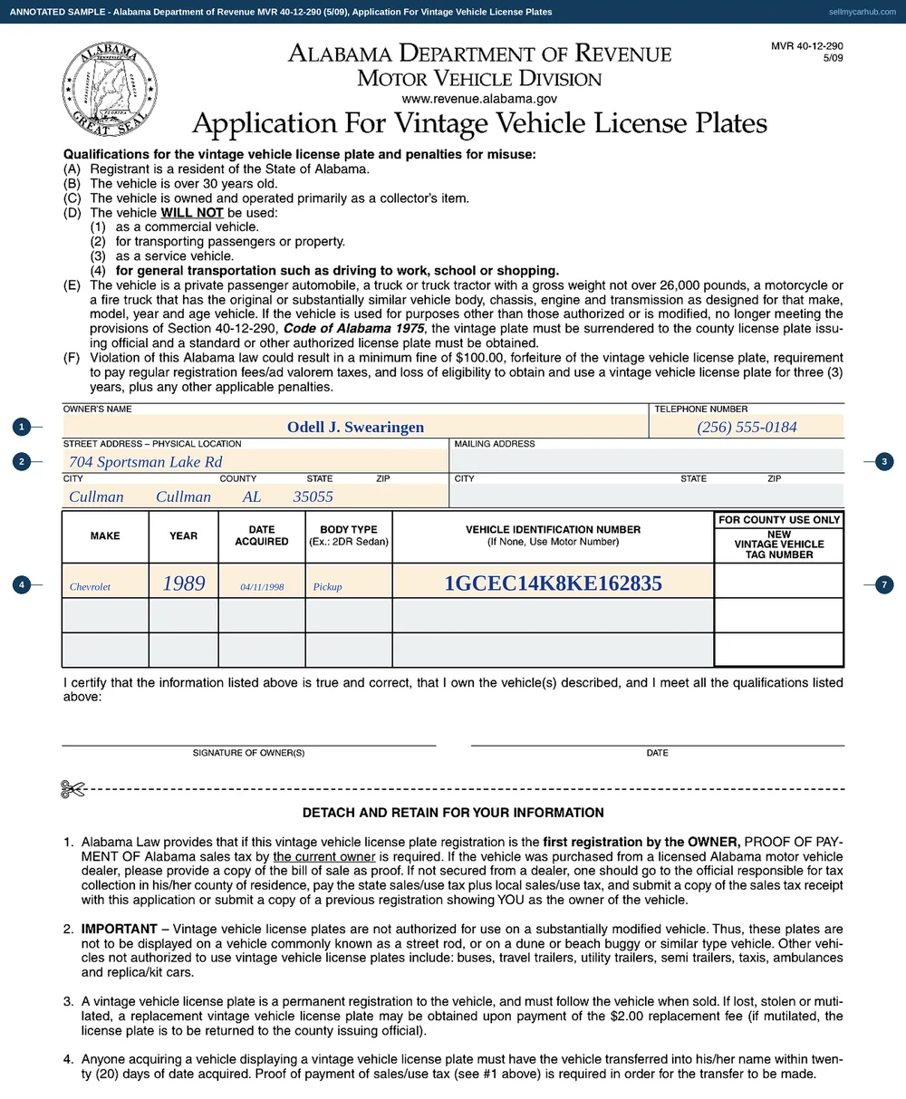 The Alabama MVR 40-12-290 Application For Vintage Vehicle License Plates filled in for a 1989 Chevrolet: the owner Odell J. Swearingen of Cullman with his address and county, and the vehicle table showing make, year, date acquired, body type and vehicle identification number, with the county's tag-number column left empty beside it.