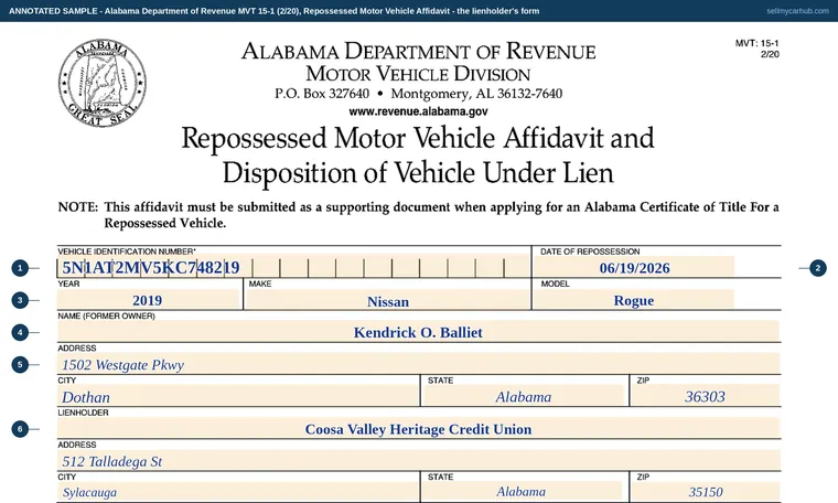 Top of our filled-in example of Alabama MVT 15-1, Repossessed Motor Vehicle Affidavit and Disposition of Vehicle Under Lien