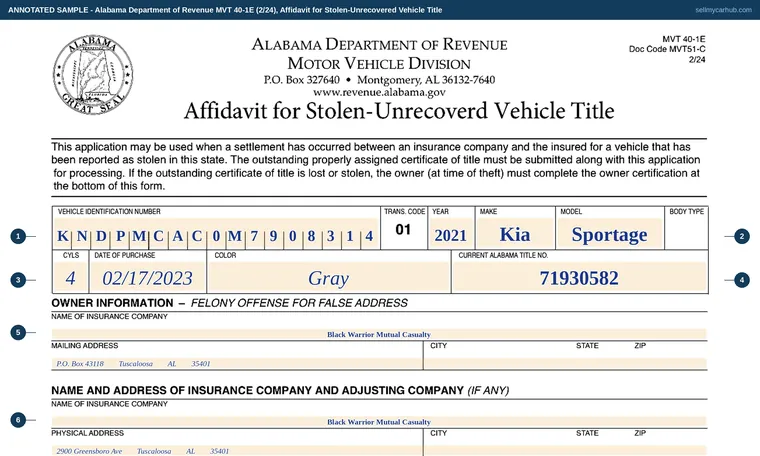 Top of our filled-in example of Alabama MVT 40-1E, Affidavit for Stolen-Unrecovered Vehicle Title