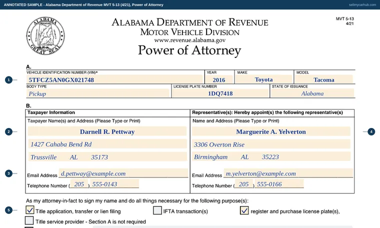 Top of our filled-in example of Alabama MVT 5-13, Power of Attorney