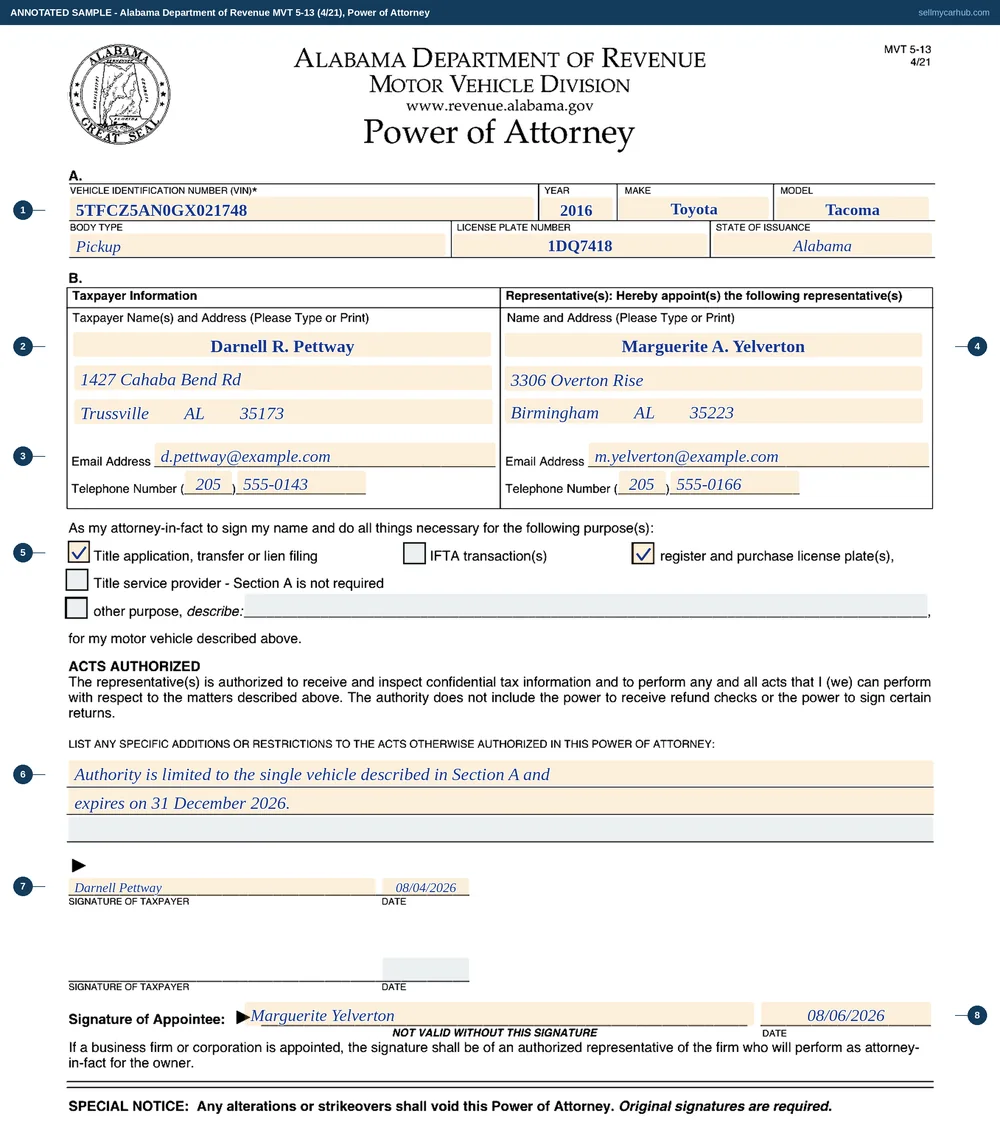 The Alabama MVT 5-13 Power of Attorney filled in: a 2016 Toyota Tacoma with its vehicle identification number, plate and state in Section A, Darnell R. Pettway of Trussville as taxpayer, Marguerite A. Yelverton of Birmingham as representative, the title application purpose ticked, and signatures from both.