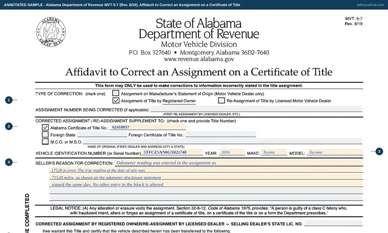 Top of our filled-in example of Alabama MVT 5-7, Affidavit to Correct an Assignment on a Certificate of Title