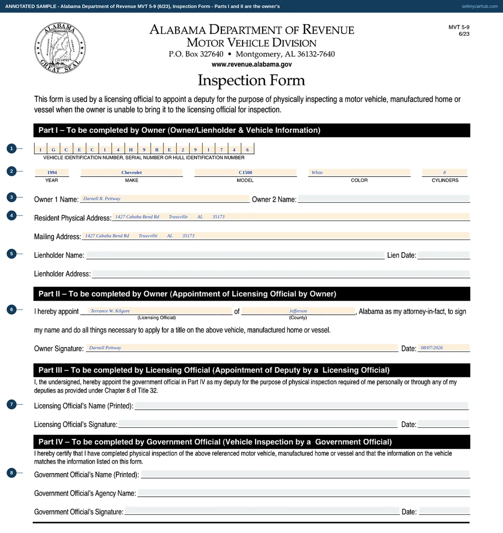 The Alabama MVT 5-9 Inspection Form with Parts I and II completed by the owner: a vehicle identification number for a 1994 Chevrolet, the owner Darnell R. Pettway with a Trussville address, and the appointment of a named licensing official of Jefferson County as attorney-in-fact.