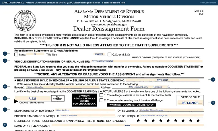 Top of our filled-in example of Alabama MVT 8-3, Dealer Reassignment Form