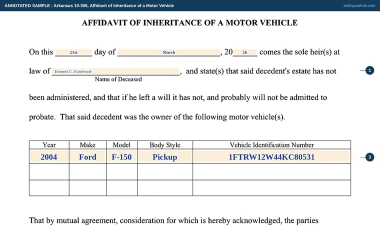 Top of our filled-in example of Arkansas 10-306, Affidavit of Inheritance of a Motor Vehicle