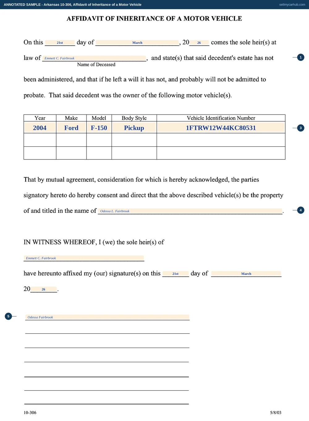 Arkansas Form 10-306, Affidavit of Inheritance of a Motor Vehicle, completed by the sole heir of Emmett C. Fairbrook: a 2004 Ford F-150 XLT, vehicle identification number 1FTRW12W44KC80531, directed by mutual agreement to be the property of and titled in the name of Odessa L. Fairbrook, signed 21 March 2026.