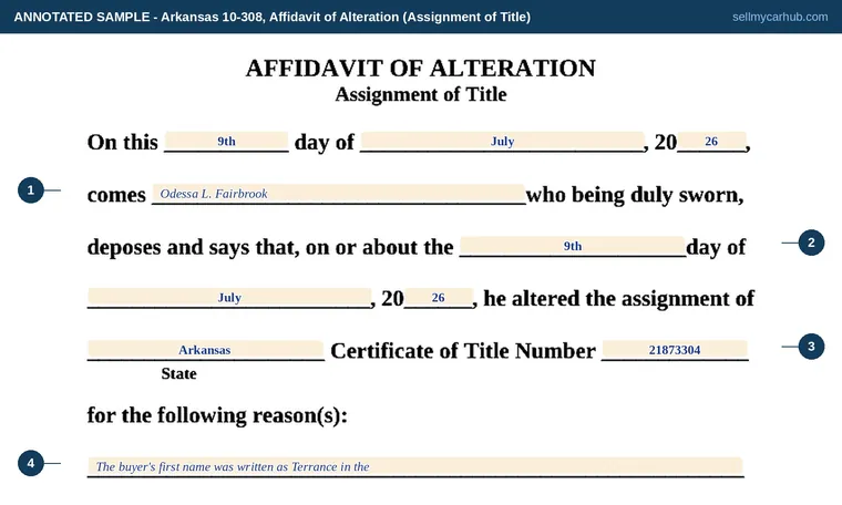 Top of our filled-in example of Arkansas 10-308, Affidavit of Alteration (Assignment of Title)