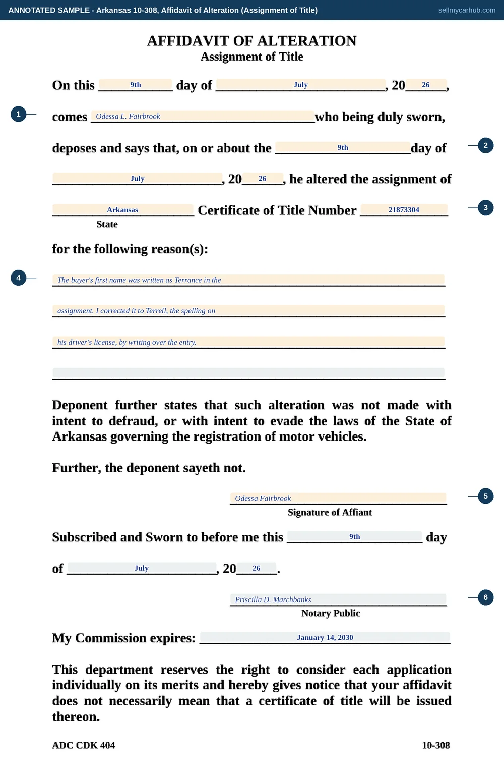 Arkansas Form 10-308, Affidavit of Alteration for an assignment of title, sworn by Odessa L. Fairbrook: on 9 July 2026 she altered the assignment of Arkansas Certificate of Title Number 21873304, the reason given that the buyer's first name was misspelled and corrected to match his driver's license, with the affiant's signature and a completed notary block dated the same day.