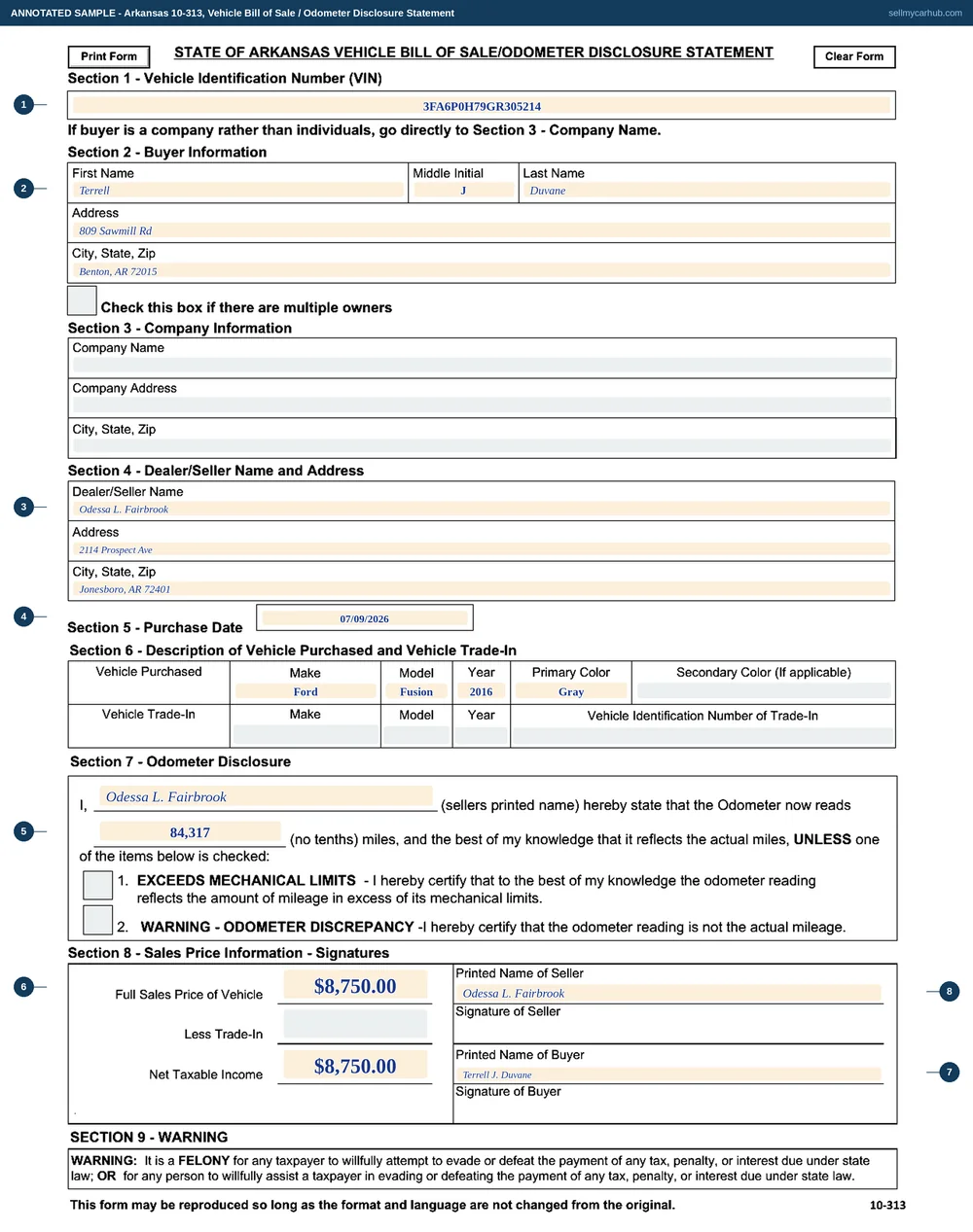 A completed Arkansas 10-313 bill of sale and odometer disclosure, shown beside the title diagram: the invented sale of a 2016 Ford Fusion SE, VIN 3FA6P0H79GR305214, from Odessa L. Fairbrook to Terrell J. Duvane, 9 July 2026, $8,750, 84,317 miles, no certification box checked.