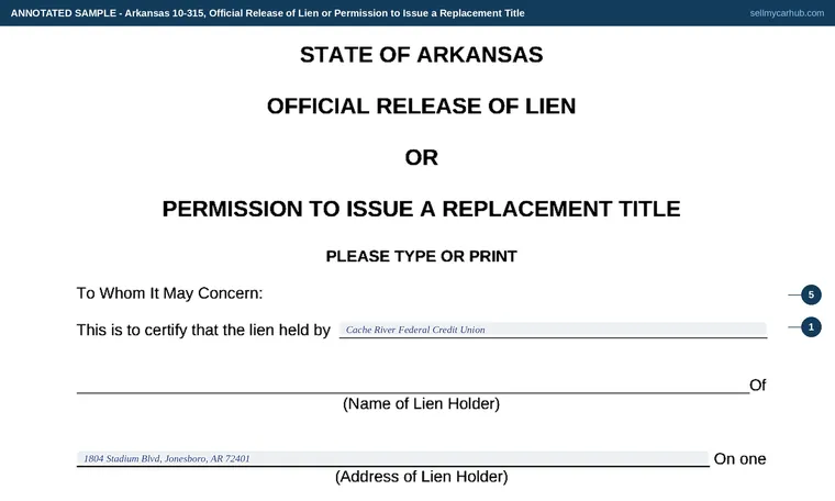 Top of our filled-in example of Arkansas 10-315, Official Release of Lien or Permission to Issue a Replacement Title