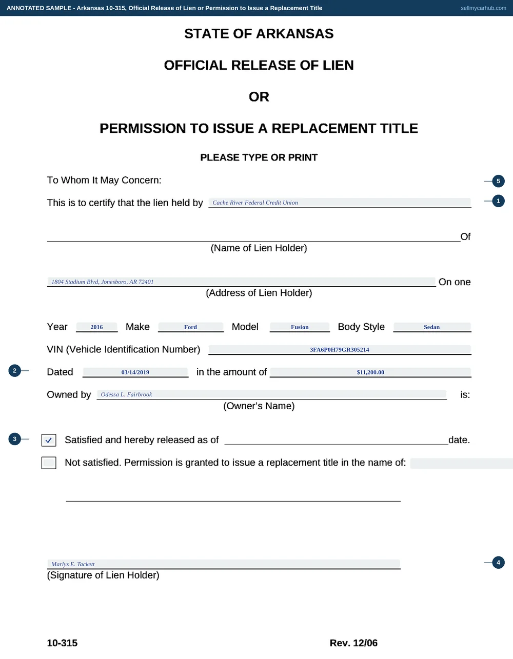 Arkansas Form 10-315, Official Release of Lien or Permission to Issue a Replacement Title, completed by Cache River Federal Credit Union of Jonesboro: a lien dated 14 March 2019 in the amount of $11,200 on a 2016 Ford Fusion SE, vehicle identification number 3FA6P0H79GR305214, owned by Odessa L. Fairbrook, with the satisfied-and-released box ticked and the lienholder's signature rule completed.