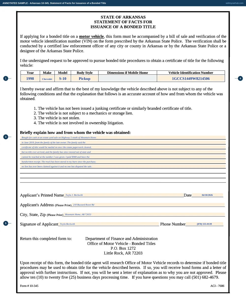 Arkansas Form 10-345, Statement of Facts for Issuance of a Bonded Title, filled in by Twyla J. Beckwith of Mountain Home for a 1998 Chevrolet S-10, vehicle identification number 1GCCS1449W8214506, with a written explanation that the truck was bought for cash at an estate yard sale in 2019 and the promised title never arrived, signed and dated with a phone number.