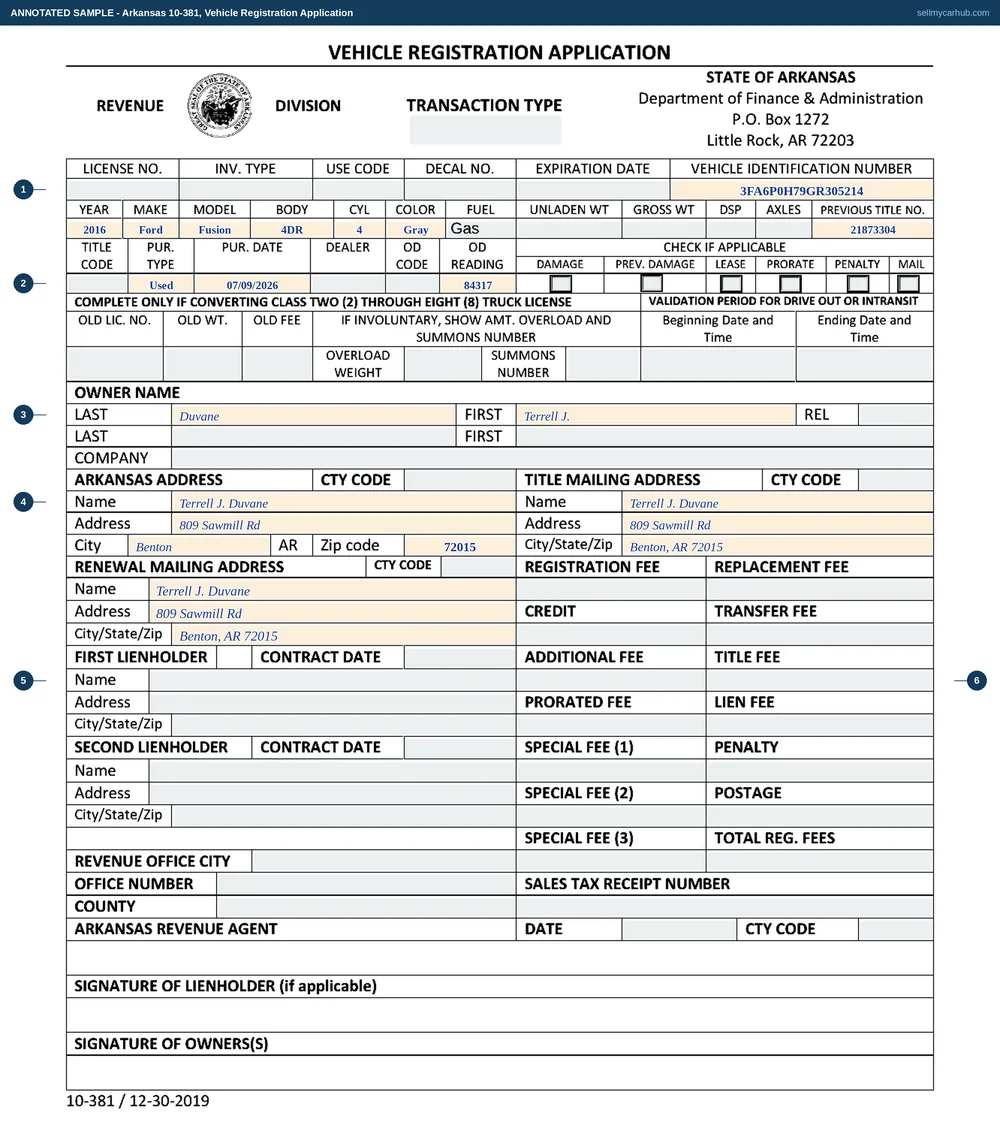 Arkansas Form 10-381, Vehicle Registration Application, filled in by buyer Terrell J. Duvane for the 2016 Ford Fusion SE, vehicle identification number 3FA6P0H79GR305214, purchase date 9 July 2026, odometer reading 84317, previous title number 21873304, with the owner's Arkansas address in Benton and the entire fee column left to the Arkansas Revenue Agent.