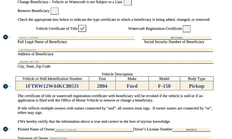 Part of our filled-in example of Arkansas 108, Request for Title or Watercraft Registration with Beneficiary, showing the filled-in entries