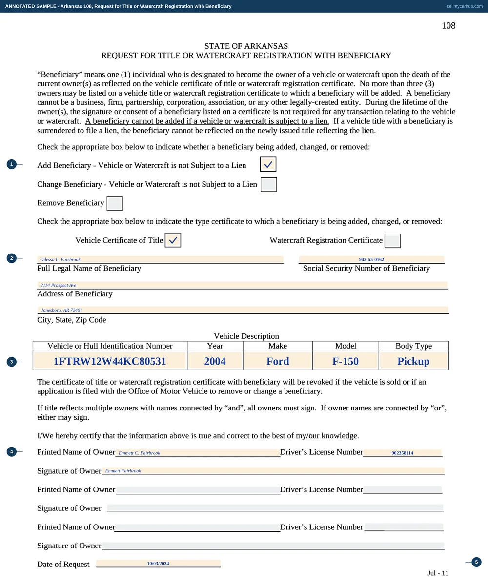 Arkansas form 108, Request for Title with Beneficiary, filled in by owner Emmett C. Fairbrook: adding beneficiary Odessa L. Fairbrook to the vehicle certificate of title of a 2004 Ford F-150 XLT, vehicle identification number 1FTRW12W44KC80531, with the add-beneficiary and vehicle-title boxes checked, one owner block completed and signed, dated 3 October 2024.
