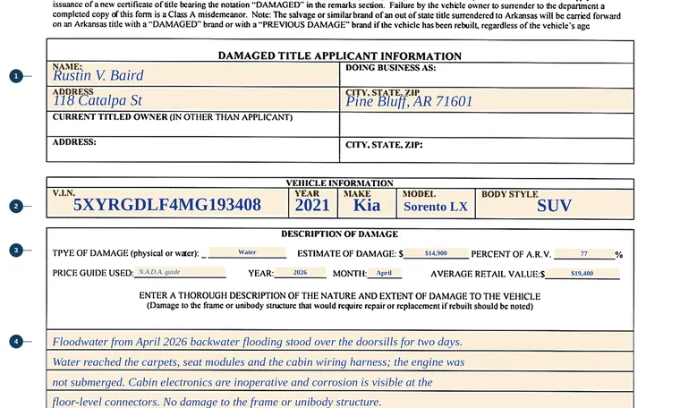 Part of our filled-in example of Arkansas 68, Declaration of Damage to a Motor Vehicle, showing the filled-in entries