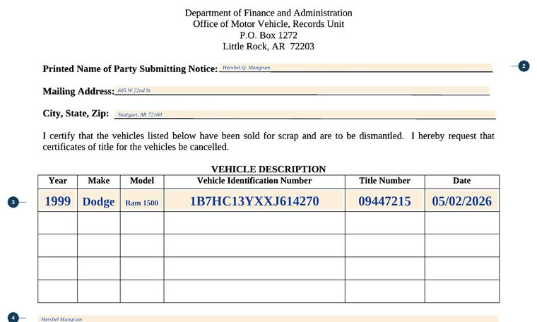 Part of our filled-in example of Arkansas 82, Notice of Intent to Dismantle a Motor Vehicle, showing the filled-in entries