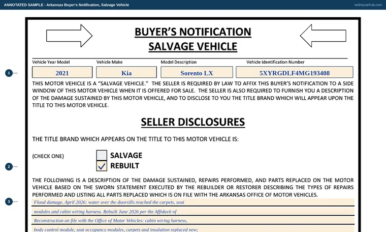 Top of our filled-in example of Arkansas Buyer's notification, Buyer's Notification - Salvage Vehicle