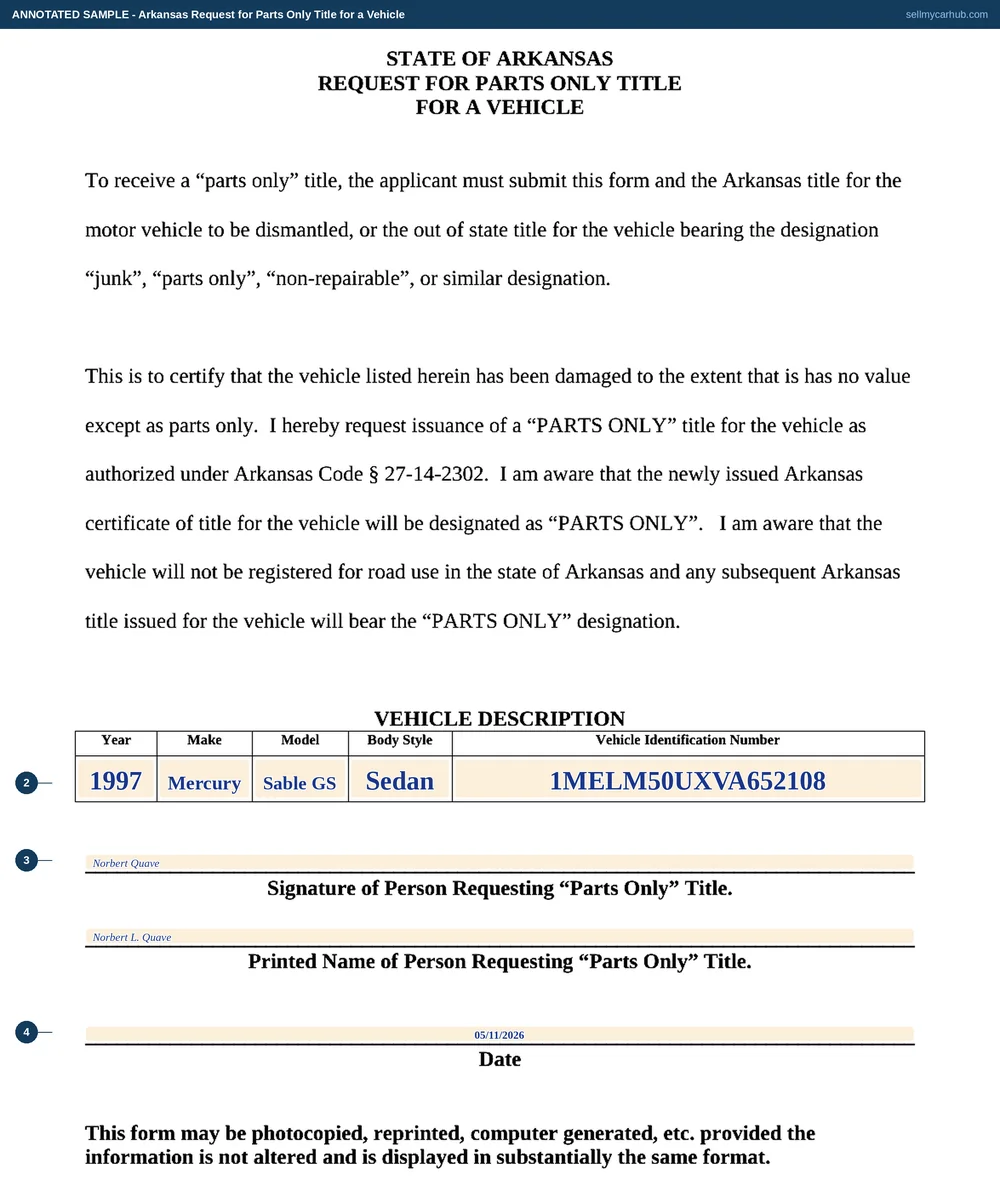 Arkansas Request for Parts Only Title, completed by Norbert L. Quave of Harrison for a wrecked 1997 Mercury Sable GS, vehicle identification number 1MELM50UXVA652108, with the requesting person's signature, printed name and date.