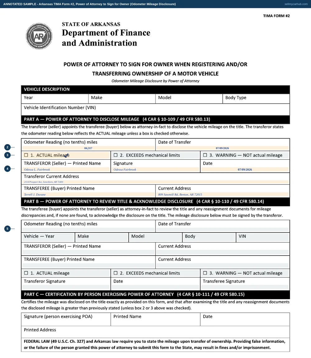 Arkansas TIMA Form 2, Power of Attorney to Sign for Owner, filled in for Part A: a 2016 Ford Fusion SE, vehicle identification number 3FA6P0H79GR305214, odometer reading 84317 with the ACTUAL mileage box checked, transferor Odessa L. Fairbrook of Jonesboro appointing transferee Terrell J. Duvane of Benton on 9 July 2026, with Part B and Part C left for the case and the person they belong to.